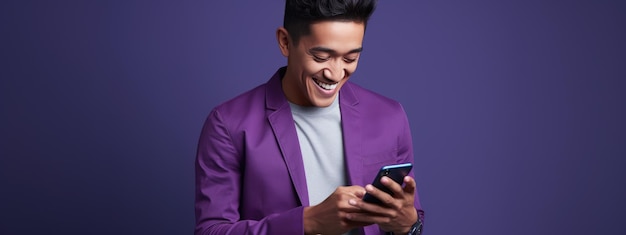 Joyeux jeune homme souriant utilisant son téléphone sur un fond coloré.