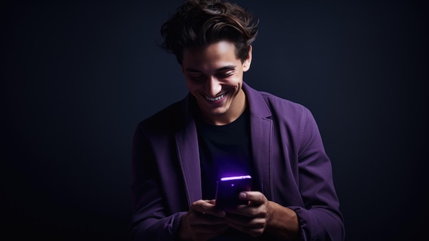 Joyeux jeune homme souriant utilisant son téléphone sur un fond coloré.