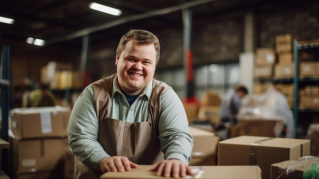 Joyeux jeune homme trisomique travaillant dans un entrepôt concept d'inclusion sociale IA générative