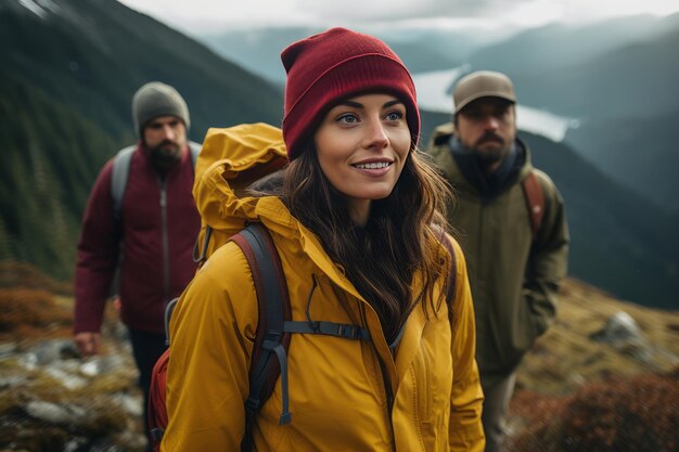 Joyeux jeunes touristes féminins et masculins sur la toile de fond du paysage montagneux époustouflant groupe de