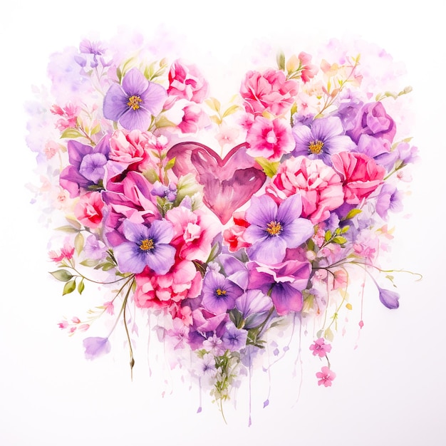 Photo joyeux jour de la mère aquarelle en forme de cœur lilas et fleurs roses illustration de conception