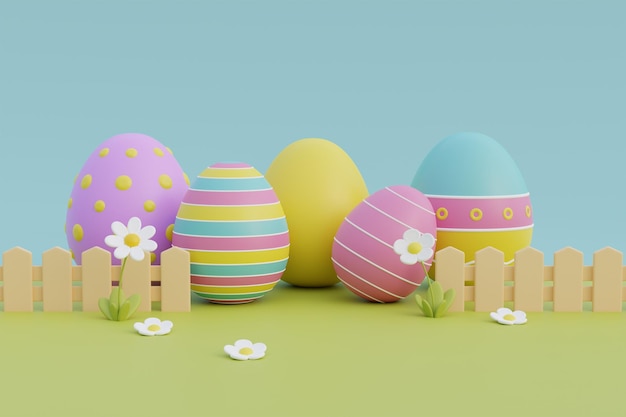 Joyeux jour de Pâques Oeufs de Pâques colorés avec fleur et lapin mignon Célébration internationale du printemps rendu 3d