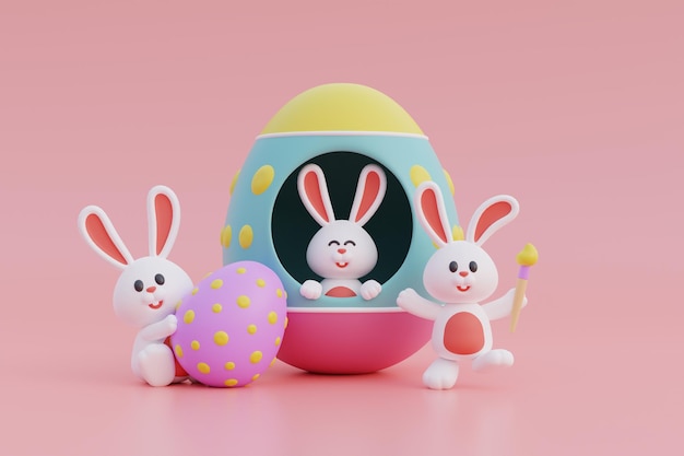 Joyeux jour de Pâques Oeufs de Pâques colorés avec lapin mignon Célébration internationale du printemps rendu 3d