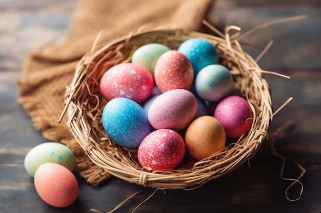 Joyeux jour de Pâques avec des œufs peints colorés dans le panier ou le nid sur fond de bois ou l'espace de copie