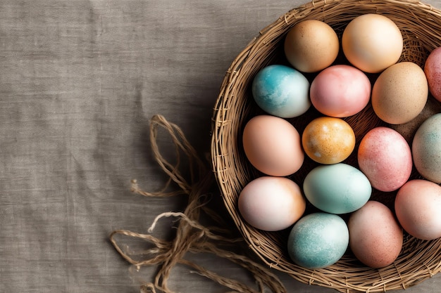 Joyeux jour de Pâques avec des œufs peints colorés dans le panier ou le nid sur fond de bois ou l'espace de copie