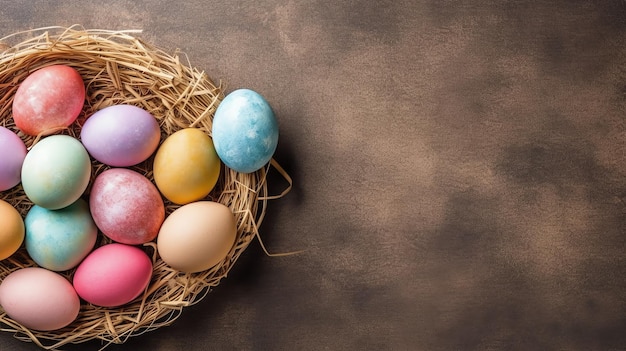 Joyeux jour de Pâques avec des œufs peints colorés dans le panier ou le nid sur fond de bois ou l'espace de copie