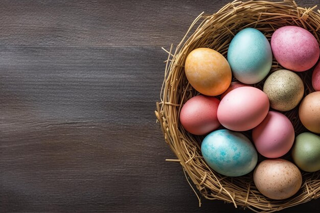 Joyeux jour de Pâques avec des œufs peints colorés dans le panier ou le nid sur fond de bois ou l'espace de copie