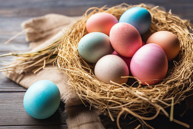 Joyeux jour de Pâques avec des œufs peints colorés dans le panier ou le nid sur fond de bois ou l'espace de copie