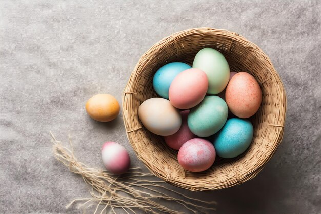 Joyeux jour de Pâques avec des œufs peints colorés dans le panier ou le nid sur fond de bois ou l'espace de copie