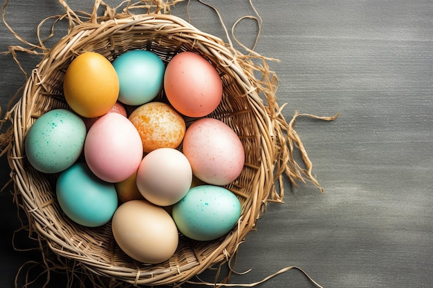 Joyeux jour de Pâques avec des œufs peints colorés dans le panier ou le nid sur fond de bois ou l'espace de copie