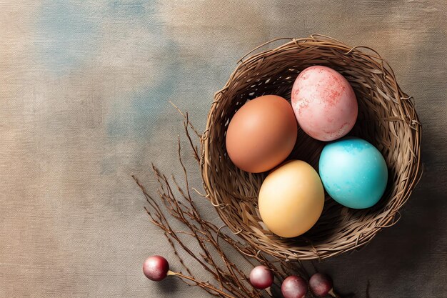 Joyeux jour de Pâques avec des œufs peints colorés dans le panier ou le nid sur fond de bois ou l'espace de copie