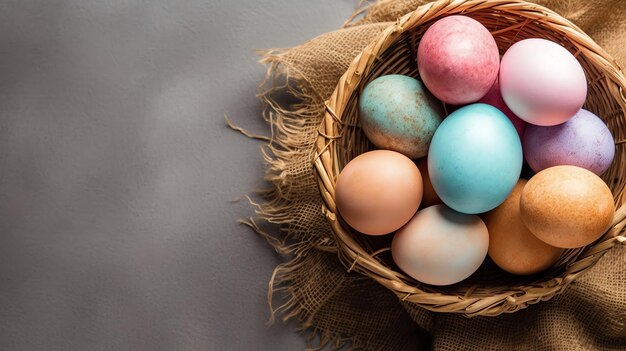 Joyeux jour de Pâques avec des œufs peints colorés dans le panier ou le nid sur fond de bois ou l'espace de copie