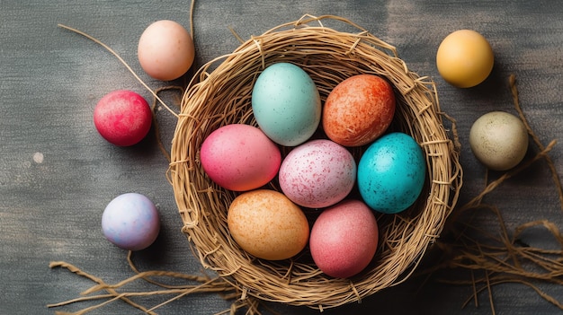 Joyeux jour de Pâques avec des œufs peints colorés dans le panier ou le nid sur fond de bois ou l'espace de copie