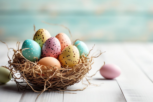 Joyeux jour de Pâques avec des œufs peints colorés dans le panier ou le nid sur fond de bois ou l'espace de copie