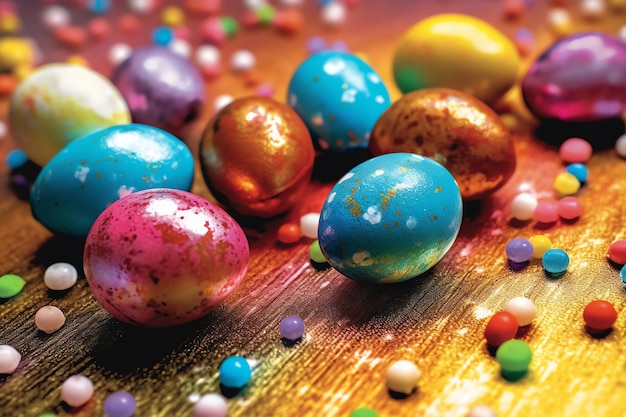 Photo joyeux jour de pâques avec des œufs peints colorés dans le panier ou le nid sur fond de bois ou l'espace de copie