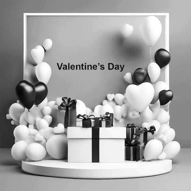 Photo joyeux jour de la saint-valentin 3d conception réalistes cadeaux noirs et blancs et ballons décoratifs festifs ob