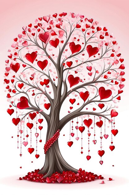 Joyeux jour de la Saint-Valentin arbre décoré avec des cœurs rouges et des perles rubis joyaux carte de la saint-Valentin