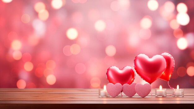 Joyeux jour de la Saint-Valentin à l'arrière-plan avec des ballons de décoration en forme de cœur rouge sur une table en bois