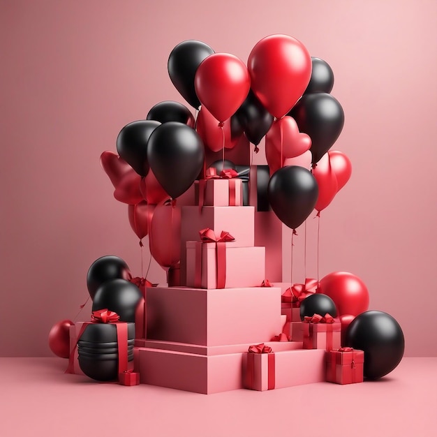 Photo joyeux jour de la saint-valentin conception 3d cadeaux et ballons rouges réalistes objet festif décoratif