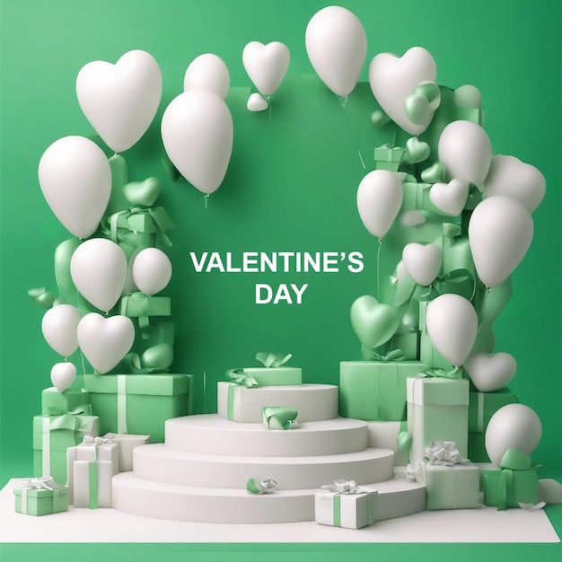 Joyeux jour de la Saint-Valentin conception 3d cadeaux verts réalistes et ballons objet festif décoratif