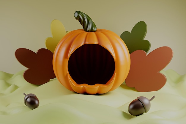 Photo joyeux jour de thahksgiving citrouille avec des glands et des feuilles sur fond vert rendu 3d