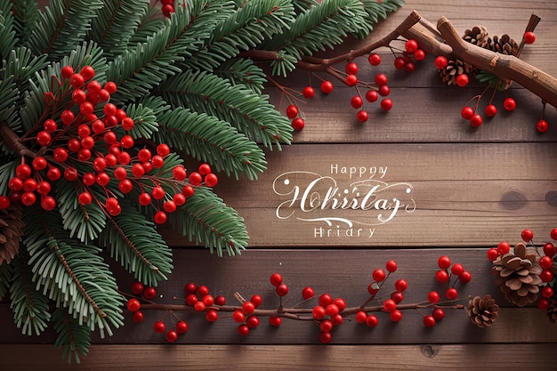 Photo joyeux jours fériés texte avec des branches à feuilles persistantes de noël et des baies rouges de noël d'hiver dans le coin sur un fond en bois rustique