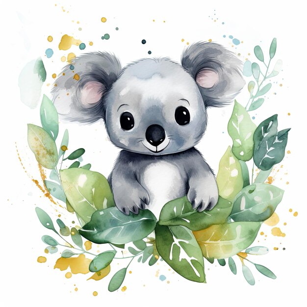 Photo joyeux koala mignon en feuilles dans le style aquarelle sur fond blanc