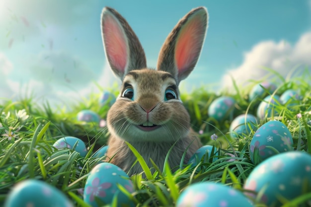 Joyeux lapin de Pâques entouré d'œufs dans le style animé 3D