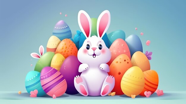 Joyeux lapin de Pâques avec de nombreux œufs de Pâques colorés Generative AI