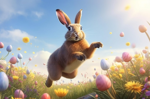 Joyeux lapin de Pâques sautant par-dessus une prairie printanière à fleurs colorées Generative AI