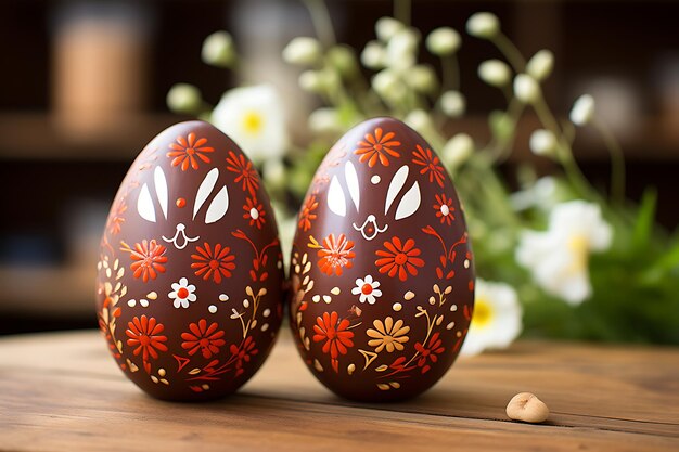 Joyeux lapins de Pâques œufs au chocolat fleurs