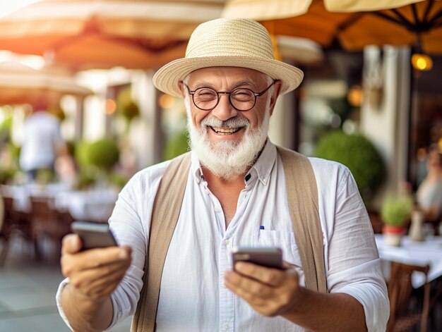 Joyeux monsieur âgé aux cheveux gris et à la barbe utilisant son appareil mobile dans un se en plein air