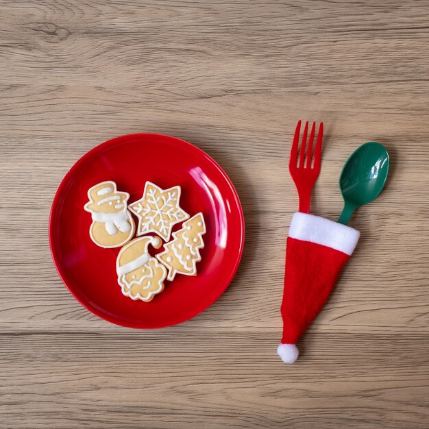 Joyeux Noël avec des biscuits faits maison, une fourchette et une cuillère sur fond de table en bois. Concept de Noël, fête et bonne année