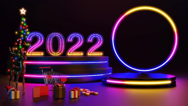 Joyeux Noël et bonne année 2022 . Conception minimale abstraite, arbres de Noël néon, boîte-cadeau, scène réaliste ronde vide, podium. rendu 3D.