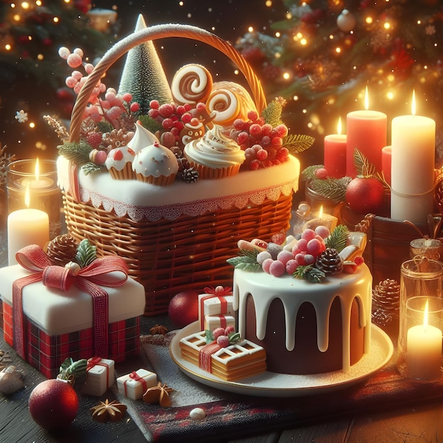 Joyeux Noël et bonne année 2024 Avec un panier cadeau Un petit dessert