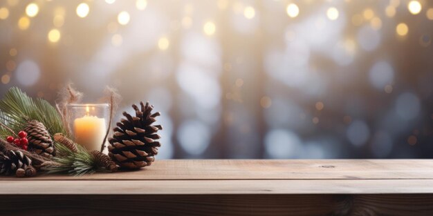 Joyeux Noël et bonne année arrière-plan avec une table en bois vide sur l'arbre de Noël et un bokeh lumineux flou Affichage vide pour le placement de produits Rustique vintage Xmas 2024 arrière-plan beauté