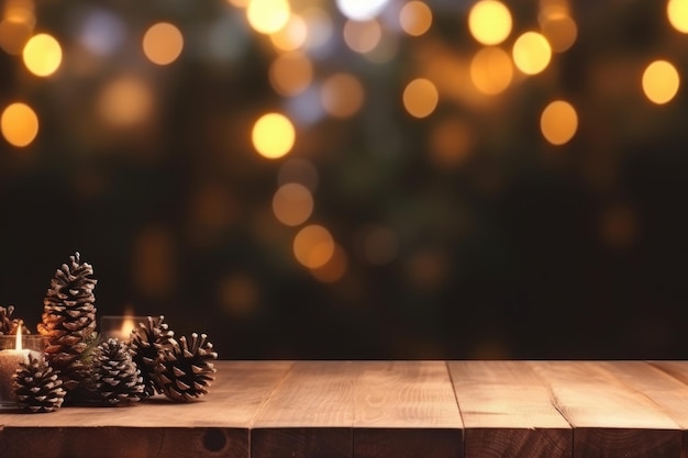 Photo joyeux noël et bonne année à l'arrière-plan avec une table en bois vide