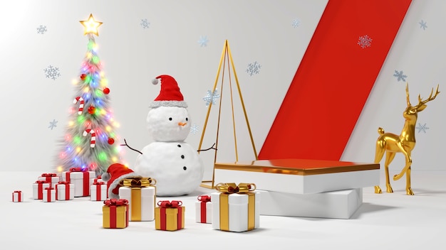Joyeux Noël et bonne année. Conception minimale abstraite, arbres de Noël géométriques, boîte-cadeau, scène réaliste ronde vide, podium. rendu 3D.