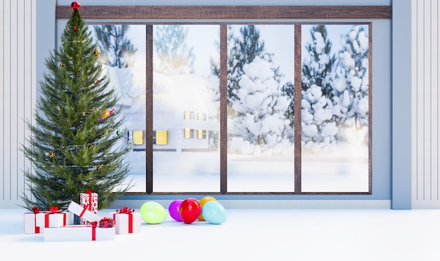 Joyeux noël et bonne année festival, arbre de noël et cristmas présente la décoration dans la maison à la fenêtre en verre par jour de neige, rendu d'illustration 3d