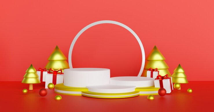 Photo joyeux noël et bonne année, fond de noël avec podium pour un rendu 3d de produit.