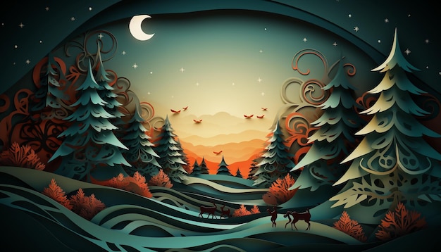 Joyeux Noël et Bonne Année Paysage d'hiver avec des rennes de la forêt et de la lune Vector illustra