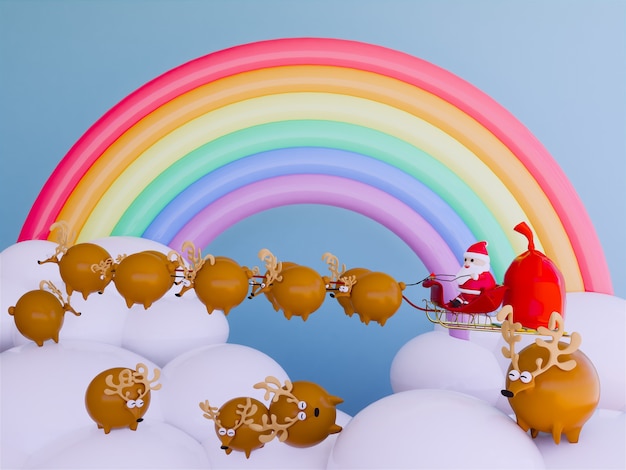 Joyeux Noël et bonne année, Père Noël avec le renne, rendu 3d.