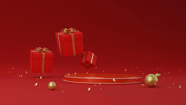 Joyeux noël et bonne année avec piédestal vierge décoré de boules coffrets cadeaux rendu 3d