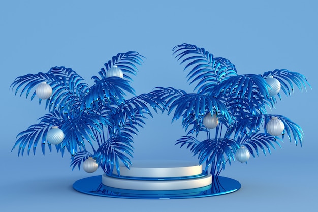 Joyeux Noël et bonne année podium bleu 3D avec palmiers abstraits et boules de Noël