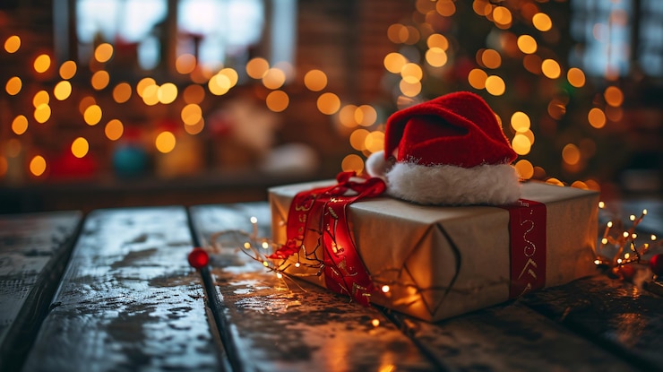 Photo joyeux noël un cadeau enveloppé dans des lumières de noël