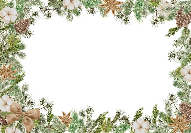 Joyeux Noël Carré Composition de cadre avec des branches de pin et de sapin, coton, fleur d'anis, arc et cône. L'hiver