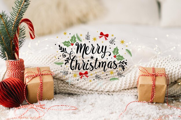 Joyeux noël carte de noël prête cadeaux de noël et bonbons sucrés avec boule festive en papier