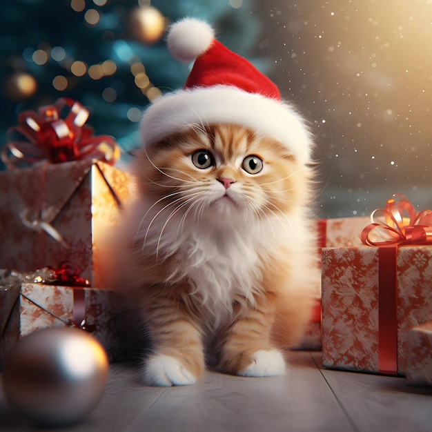 Joyeux Noël C'est un chat mignon et moelleux dans un chapeau de Père Noël.