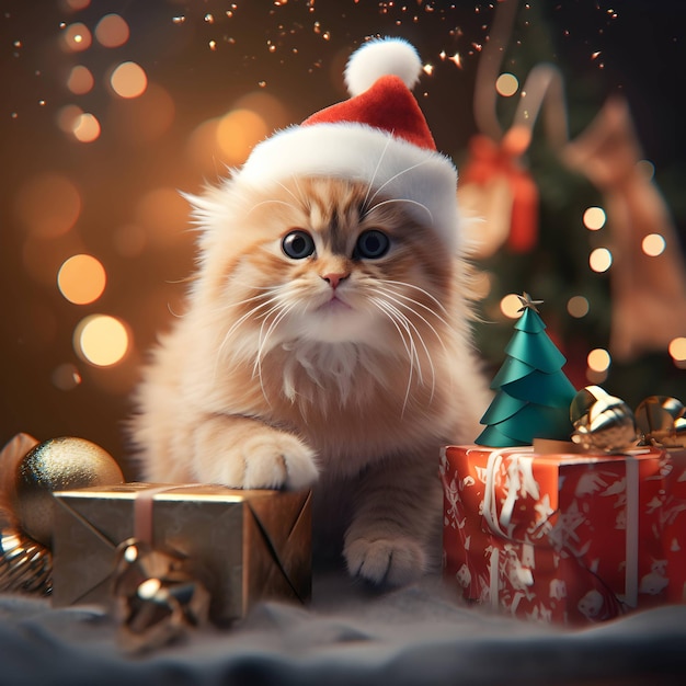 Joyeux Noël C'est un chat mignon et moelleux dans un chapeau de Père Noël.