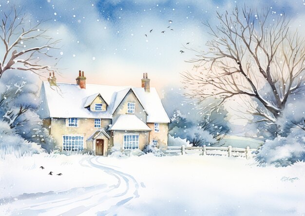 Joyeux Noël et joyeuses fêtes aquarelle imprimable art imprimé chalet de campagne anglais comme neige vacances d'hiver carte de Noël merci et bricolage carte de voeux conception style campagnard idée